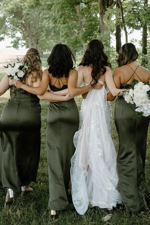 Hunter Green Silk Satin Cowl Neck Bridesmaid Dresses - KissProm