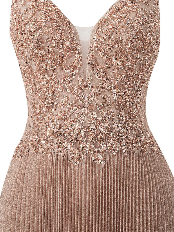 Elizabeth | Rose Pink A - line Floor Length Glitter Jersey Prom Dress with Appliques and Sequins - KissProm