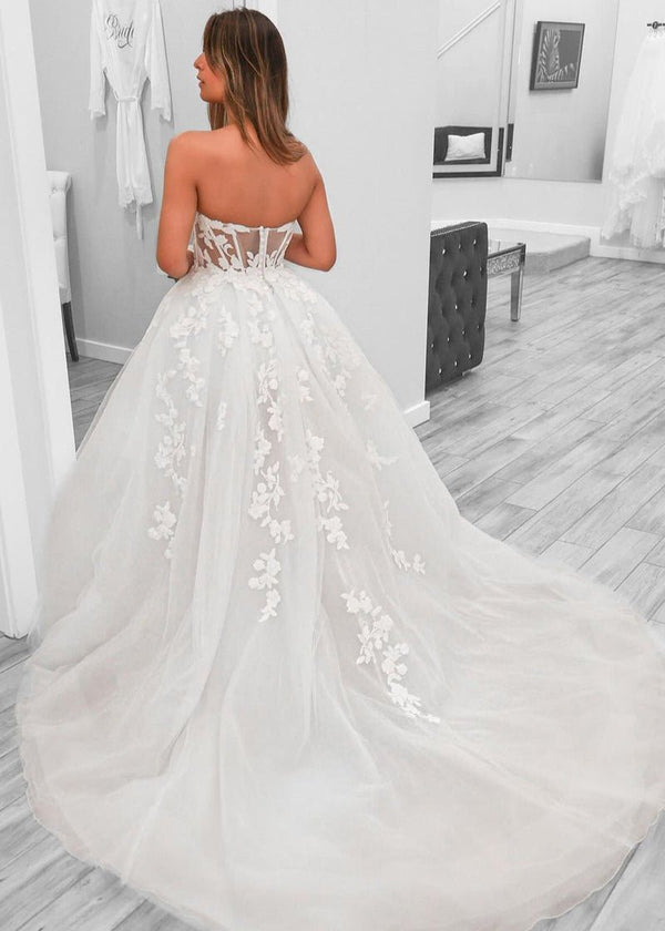 A-Line Sweetheart Tulle Wedding Dresses With Slit