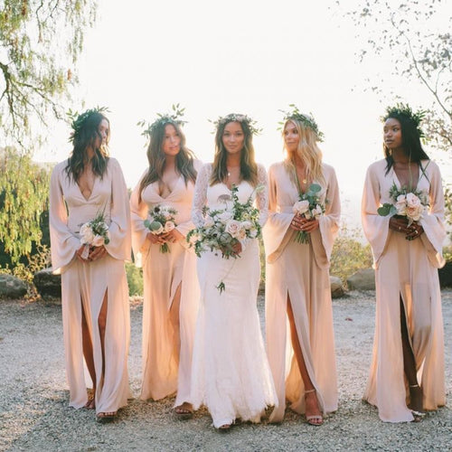 Boho A - Line Deep V Neck Long Sleeves Light Bridesmaid Dresses - KissProm