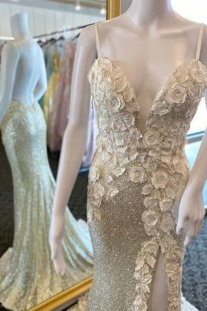 Mermaid V Neck Sequins Prom Dress with Slit – Prom Dress by KissProm | Available at KissProm