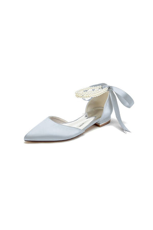 Pointed Toe Pearl Ribbon Ankle Strap Kitten Heels - KissProm