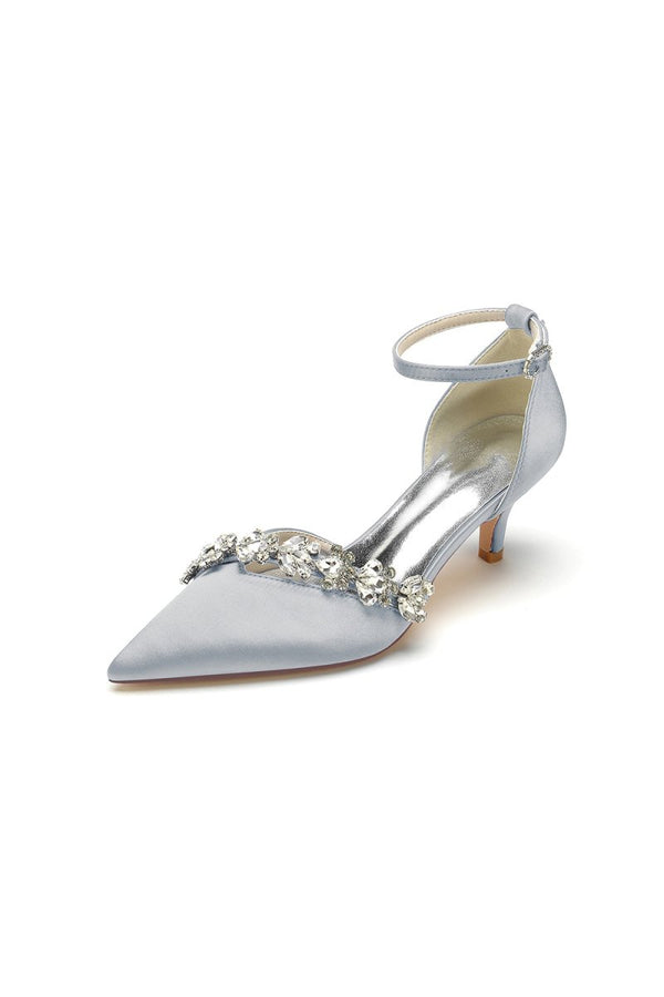 Elegant Pointed Toe Rhinestone Kitten Heels - KissProm