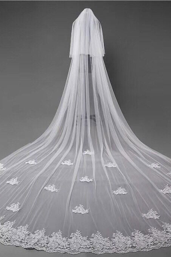 Vintage Cute Lace Appliques Chapel Veils Long Wedding Veil - KissProm