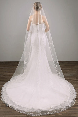 Two Tier Lace Appliques Edge Cathedral Veil Long Wedding Veil - KissProm