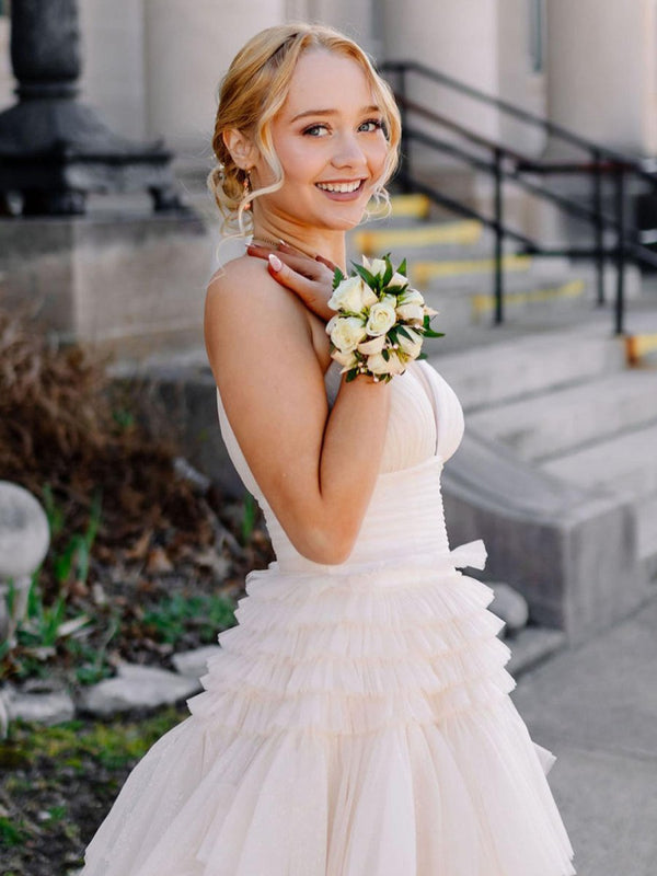 Tulle Deep V Neck Spaghetti Straps Long Prom Dress – Prom Dress by KissProm | Available at KissProm
