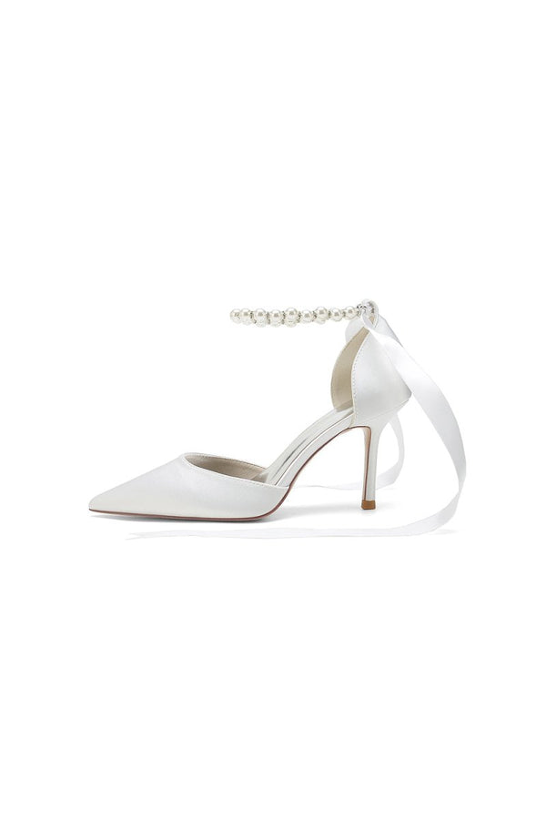 Pointed Toe Pearl Strap Ribbon Tie High Heel - KissProm
