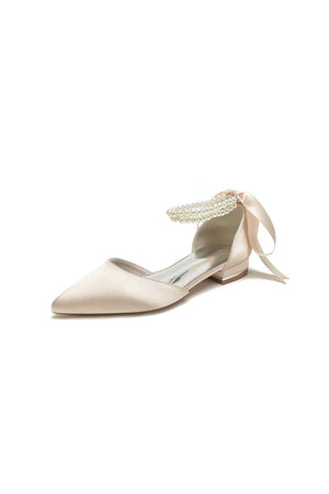 Pointed Toe Pearl Ribbon Ankle Strap Kitten Heels - KissProm