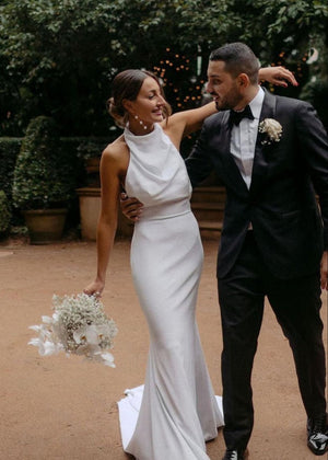 Hessie | Elegant Mermaid White Halter Satin Wedding Dresses