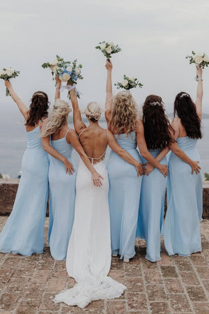 Sheath One Shoulder Light Blue Chiffon Slit Bridesmaid Dress - KissProm