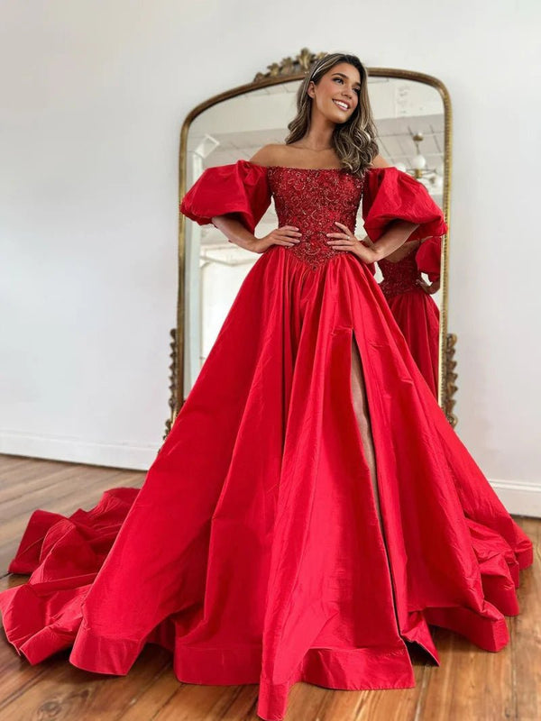 A-Line Off The Shoulder Taffeta Prom Dress With Short Puffy Sleeves – Prom Dress by KissProm | Available at KissProm