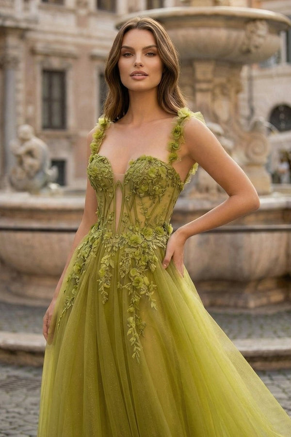 Faylina | A - Line Sage Sweetheart Tulle Long Prom Dresses with Lace Appliques - KissProm
