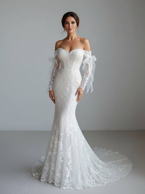 Lace Mermaid Covered - Button Long Sleeve Train Wedding Dress - KissProm