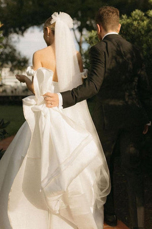 A-Line Satin Off the Shoulder Wedding Dresses with Slit