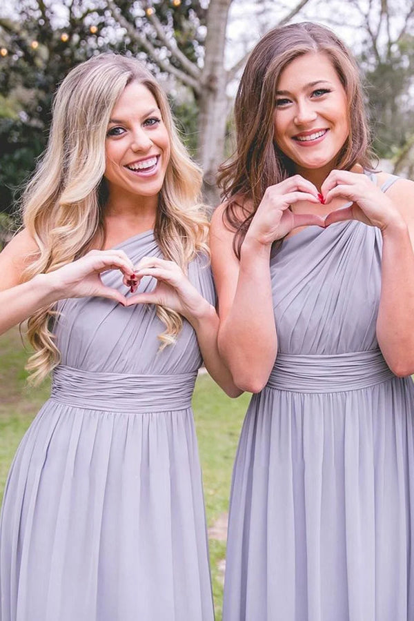 Dusty Blue One Shoulder Chiffon Long Boho Pleated Bridesmaid Dress - KissProm