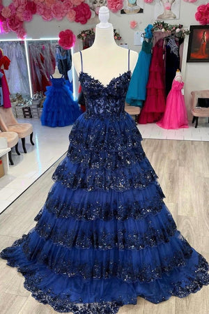 A Line Spaghetti Straps Tiered Lace Prom Dress – Prom Dress by KissProm | Available at KissProm