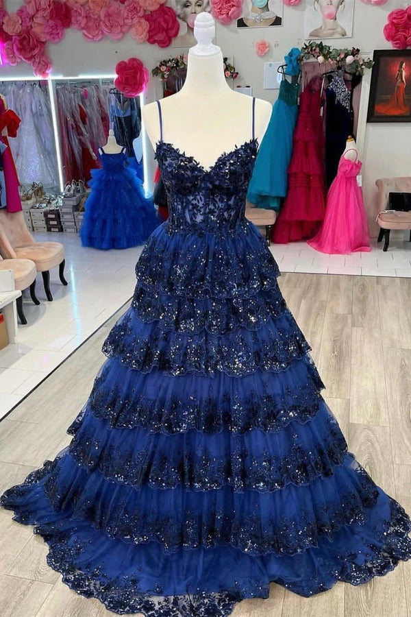 A Line Spaghetti Straps Tiered Lace Prom Dress – Prom Dress by KissProm | Available at KissProm