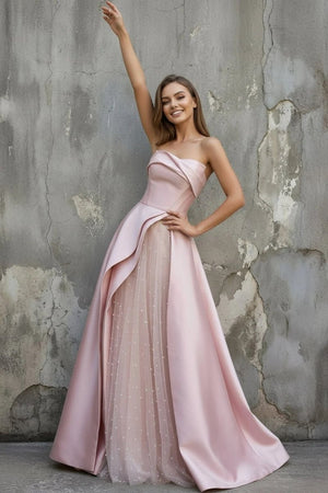 Sleeveless Satin A - Line Floor - Length Evening Gown Slit with Tulle Strapless Prom Dress - KissProm