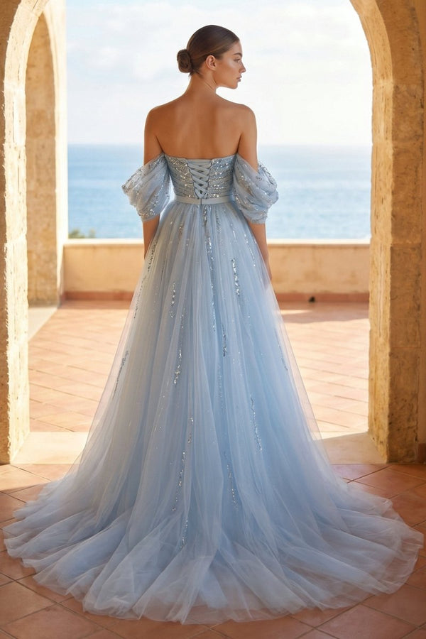 Sheath Sweetheart Prom Dresses Short Sleeve Detachable Sequined with Slit Overskirt - KissProm