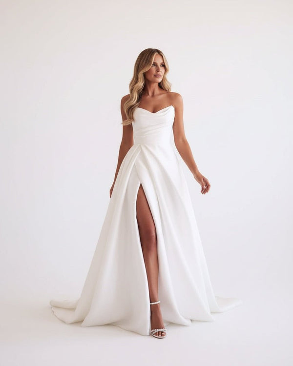A-Line White Sleeveless Satin Wedding Dress With Side Slit – Wedding Dress by KissProm | Available at KissProm