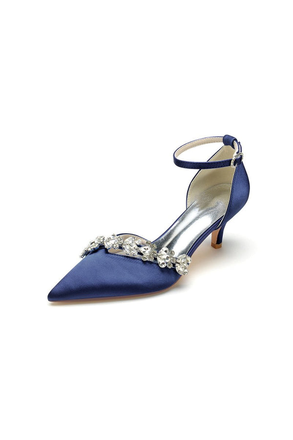Elegant Pointed Toe Rhinestone Kitten Heels - KissProm