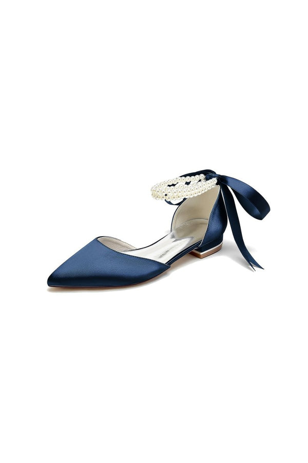 Pointed Toe Pearl Ribbon Ankle Strap Kitten Heels - KissProm