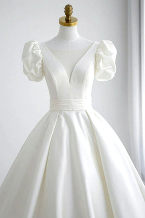 Elegant A Line V Neck White Wedding Dress with Short Sleeves - KissProm