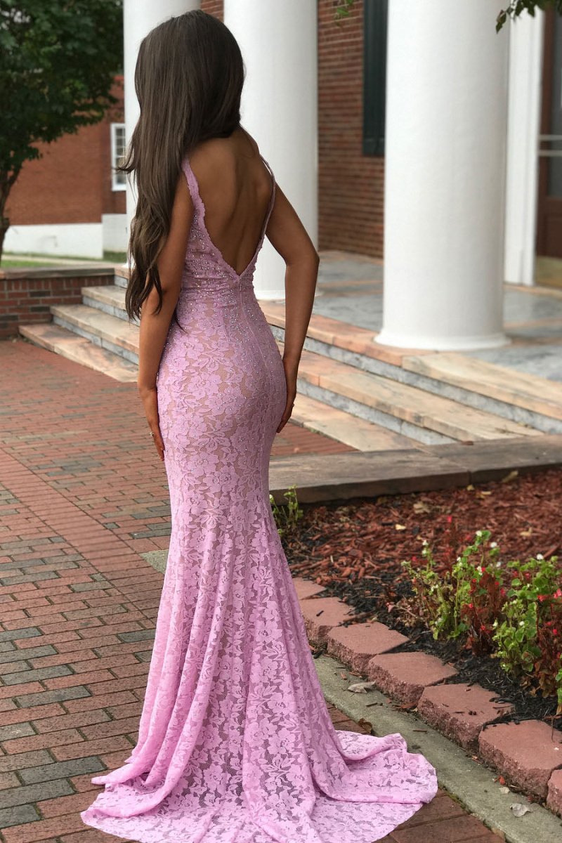 Elegant Mermaid V-Neck Pink Lace Prom Dress – Prom Dress by KissProm | Available at KissProm