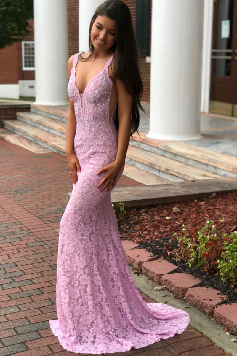 Elegant Mermaid V-Neck Pink Lace Prom Dress – Prom Dress by KissProm | Available at KissProm
