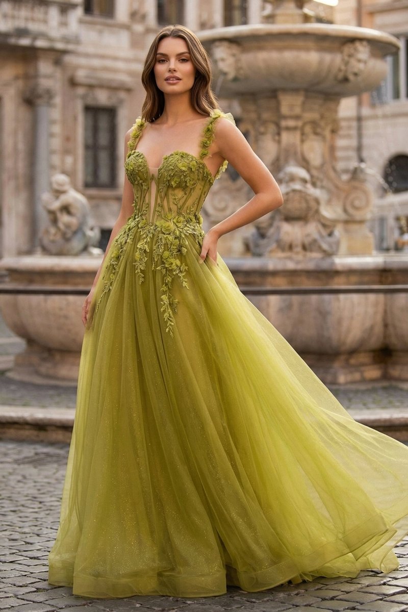 Faylina | A - Line Sage Sweetheart Tulle Long Prom Dresses with Lace Appliques - KissProm