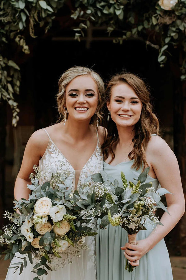 Grey Green Chiffon Spaghetti Straps A - Line Long Bridesmaid Dress - KissProm