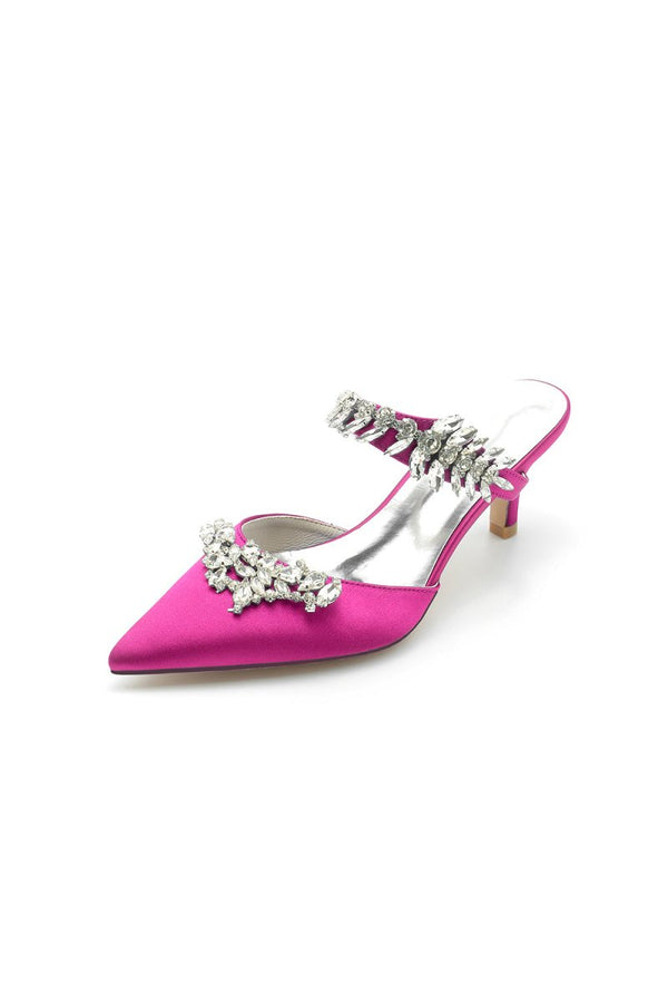 Satin Pointed Toe Mules with Crystal Rhinestone - KissProm
