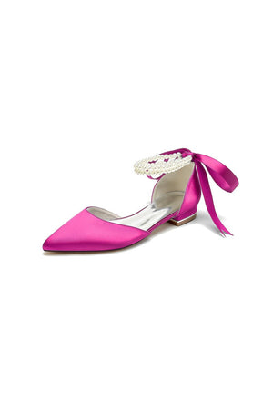 Pointed Toe Pearl Ribbon Ankle Strap Kitten Heels - KissProm