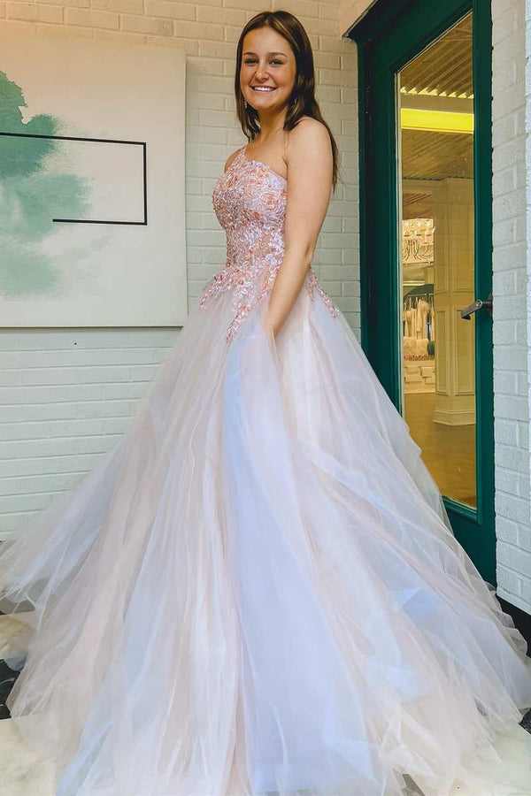 Ombre Tulle Floral Lace One - Shoulder A - Line Long Prom Dress - KissProm