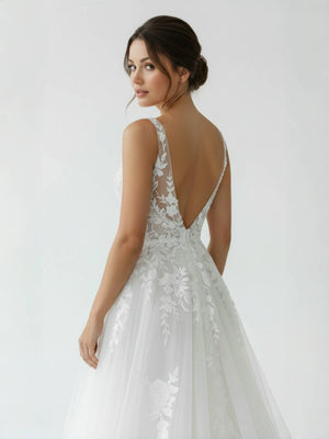 Malaya | A-Line V Back Long White Wedding Dress with Lace Appliqued