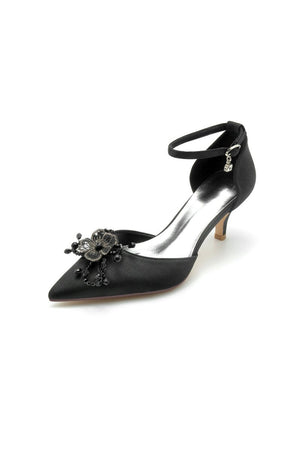 Floral Pointed Toe Beading Kitten Heels - KissProm