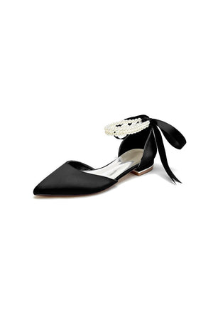 Pointed Toe Pearl Ribbon Ankle Strap Kitten Heels - KissProm