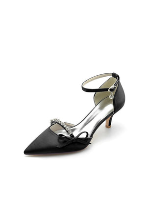 Pointed Toe Rhinestone Kitten Heels With Bow - KissProm