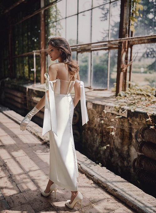 Simple Sheath Off-The-Shoulder Ankle-Length Satin Wedding Dresses