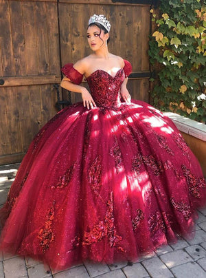 Quinceanera Dress Burgundy Off Shoulder Tulle Lace Long Prom Dresses – Quinceanera Dress by KissProm | Available at KissProm