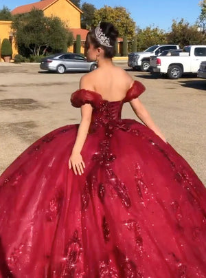 Quinceanera Dress Burgundy Off Shoulder Tulle Lace Long Prom Dresses – Quinceanera Dress by KissProm | Available at KissProm