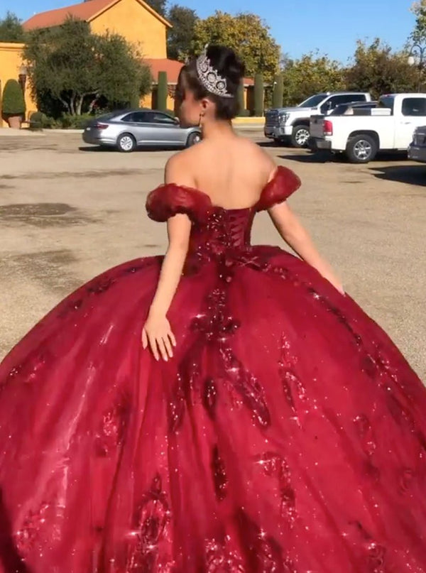 Quinceanera Dress Burgundy Off Shoulder Tulle Lace Long Prom Dresses – Quinceanera Dress by KissProm | Available at KissProm