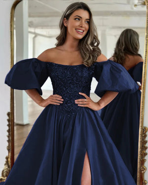 A-Line Off The Shoulder Taffeta Prom Dress With Short Puffy Sleeves – Prom Dress by KissProm | Available at KissProm
