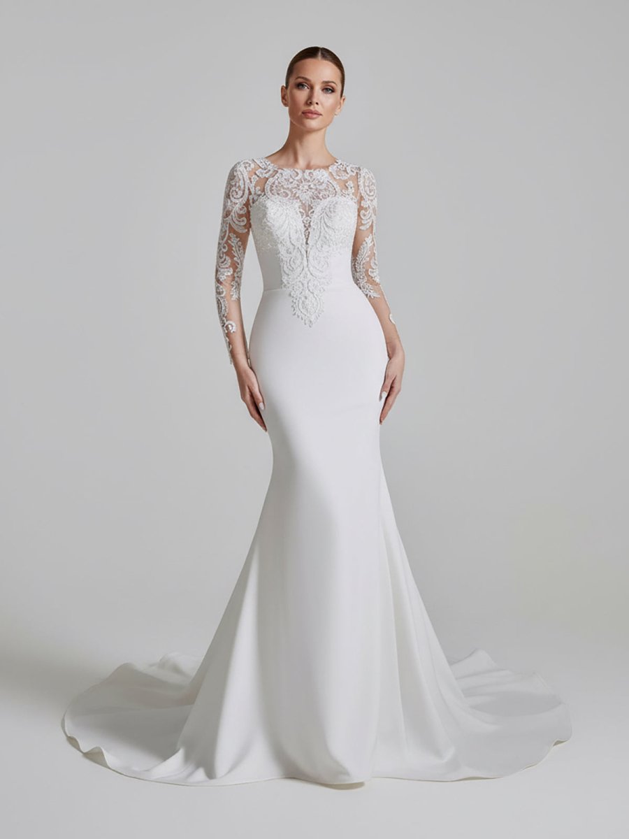 Mermaid White Lace Appliques Beaded Wedding Dress - KissProm
