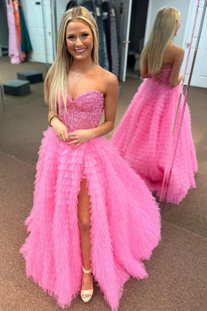 Addilyn |A-line Strapless Multi-Layers Tulle Prom Dress with Slit