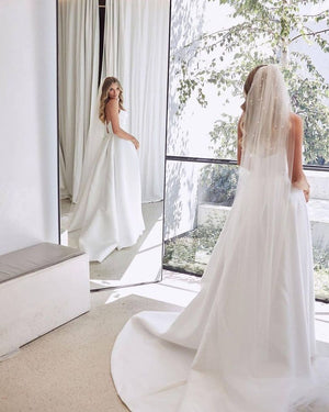 A-Line White Sleeveless Satin Wedding Dress With Side Slit – Wedding Dress by KissProm | Available at KissProm