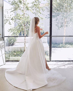 A-Line White Sleeveless Satin Wedding Dress With Side Slit – Wedding Dress by KissProm | Available at KissProm