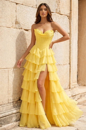Strapless A-Line Ruffle Long Prom Dress With Split – Prom Dresses by KissProm | Available at KissProm