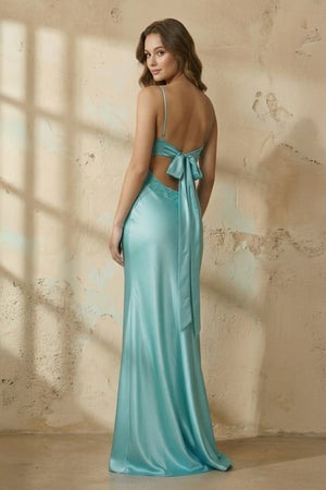 Blue Spaghetti Straps Sheath Satin Long Prom Dresses With Appliques – Prom Dress by KissProm | Available at KissProm