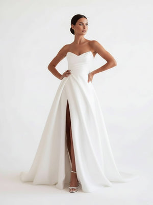A-Line White Sleeveless Satin Wedding Dress With Side Slit – Wedding Dress by KissProm | Available at KissProm